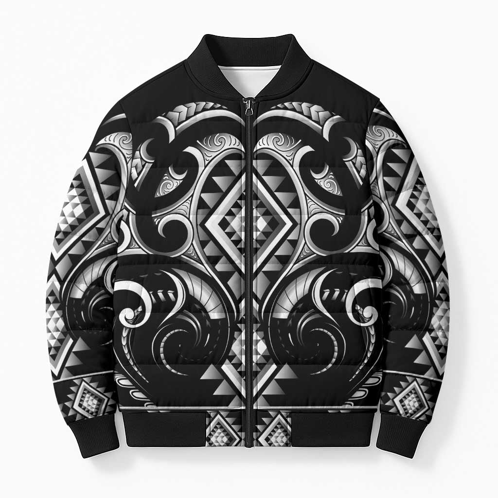 Black Ngaru Taniko With Aotearoa Maori Tattoo Bomber Puffer Jacket - Aussie Hoodie