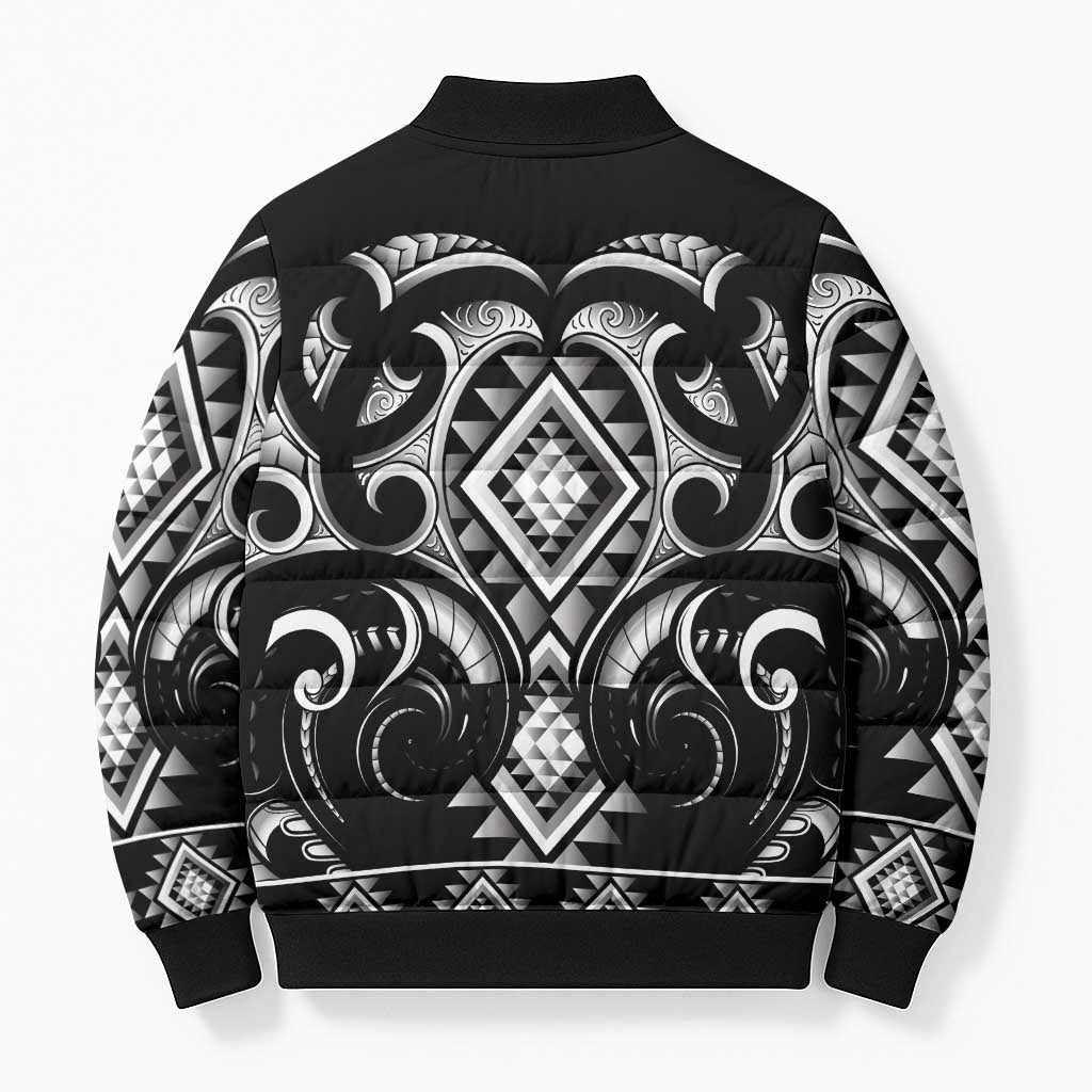 Black Ngaru Taniko With Aotearoa Maori Tattoo Bomber Puffer Jacket - Aussie Hoodie