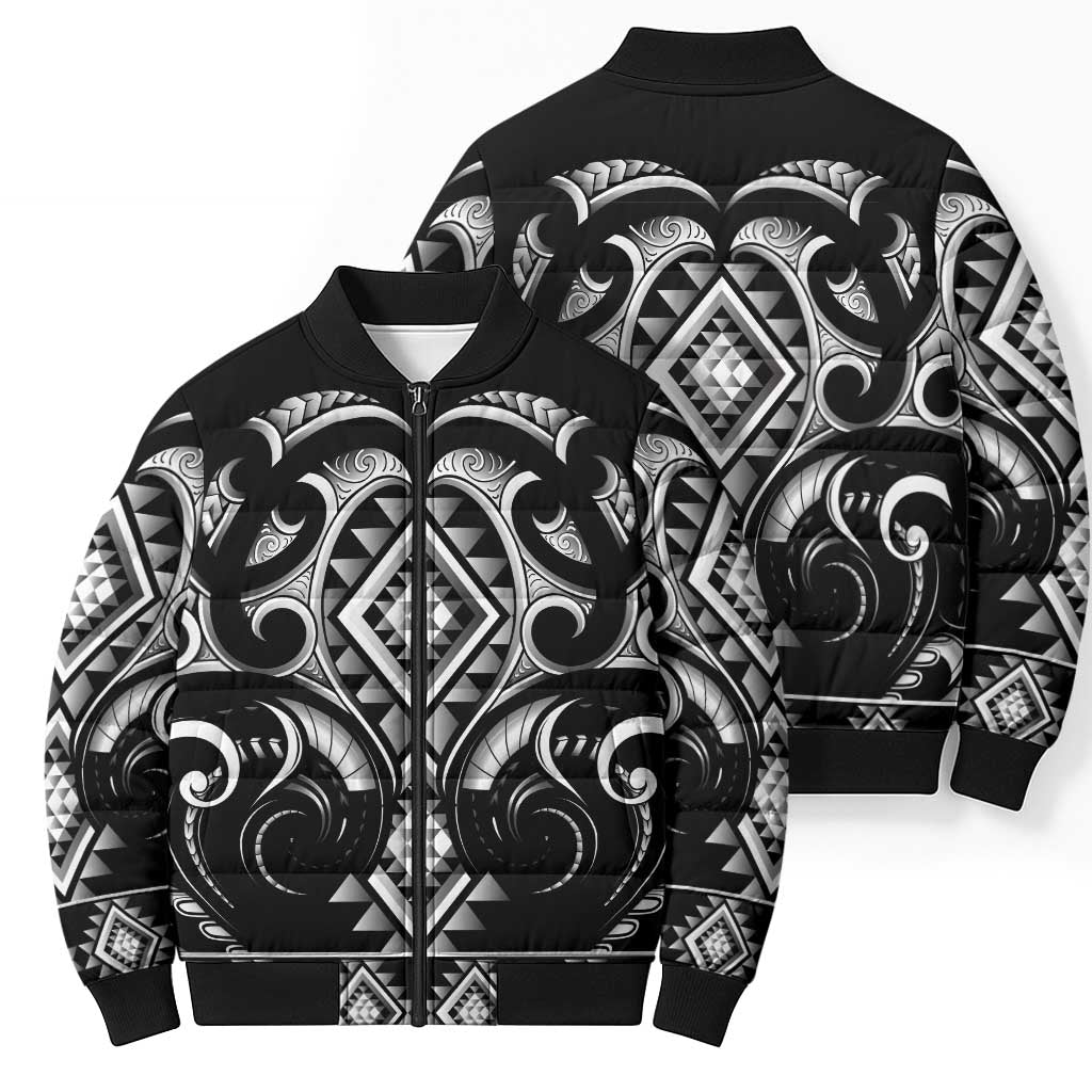 Black Ngaru Taniko With Aotearoa Maori Tattoo Bomber Puffer Jacket - Aussie Hoodie