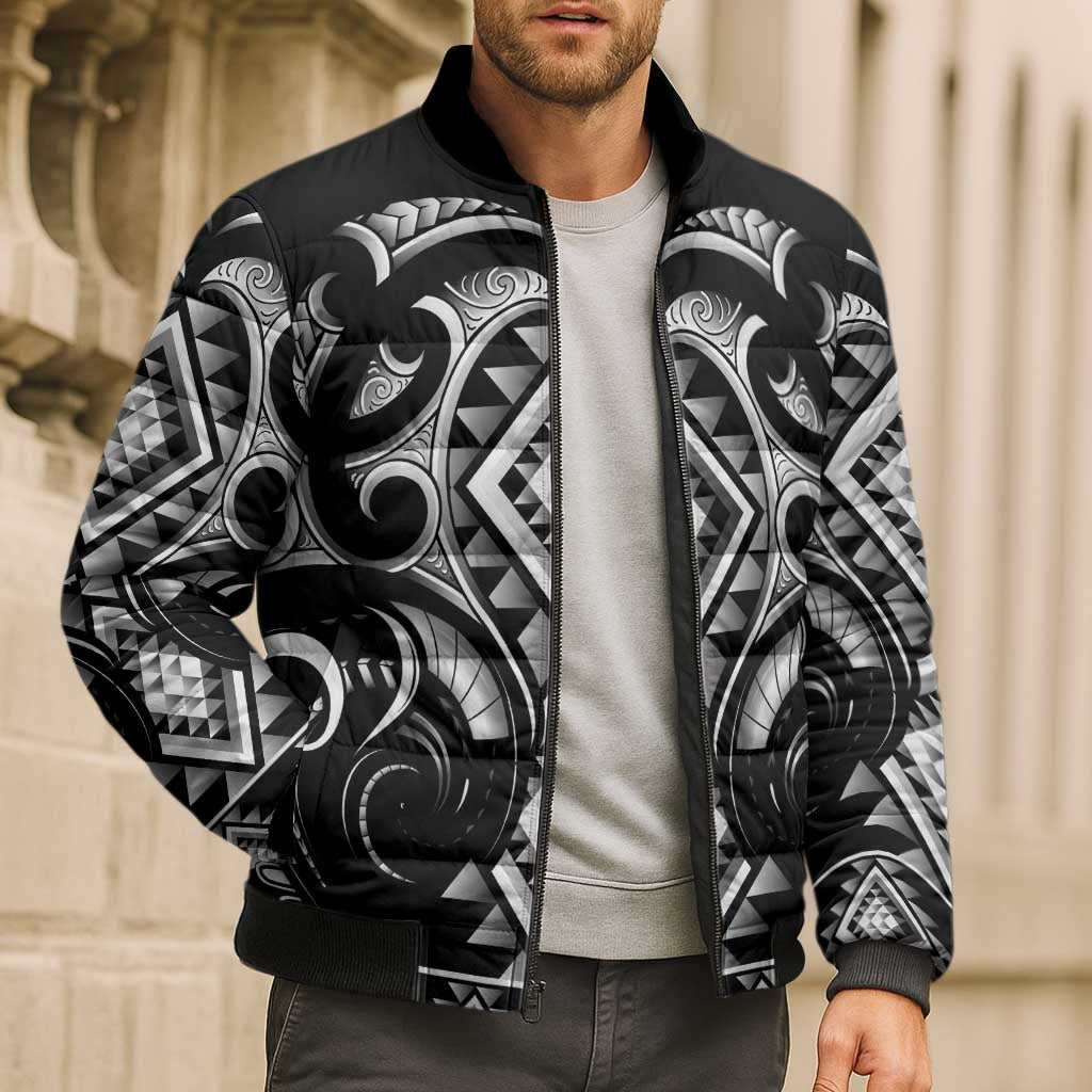 Black Ngaru Taniko With Aotearoa Maori Tattoo Bomber Puffer Jacket - Aussie Hoodie