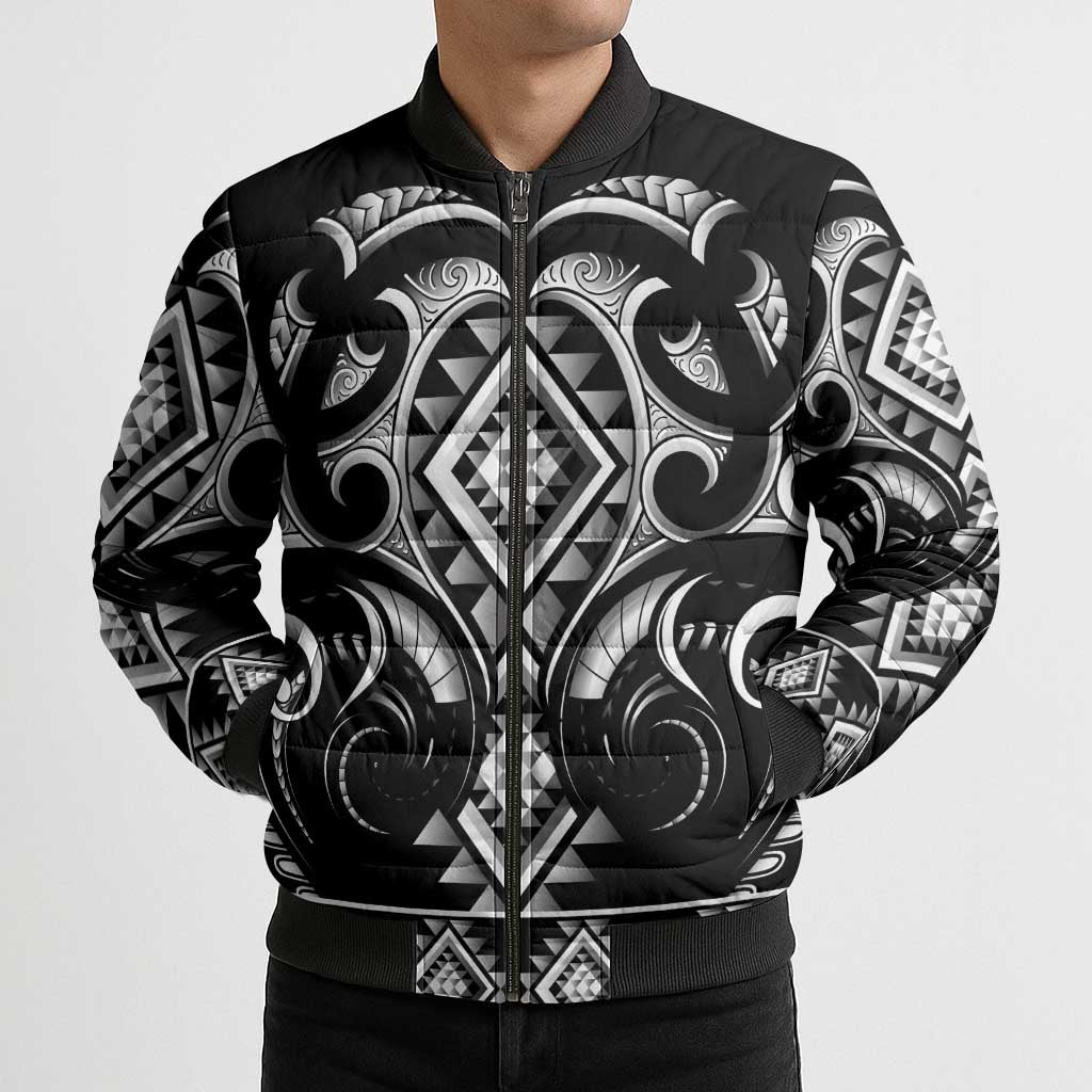 Black Ngaru Taniko With Aotearoa Maori Tattoo Bomber Puffer Jacket - Aussie Hoodie