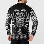 Black Ngaru Taniko With Aotearoa Maori Tattoo Button Sweatshirt