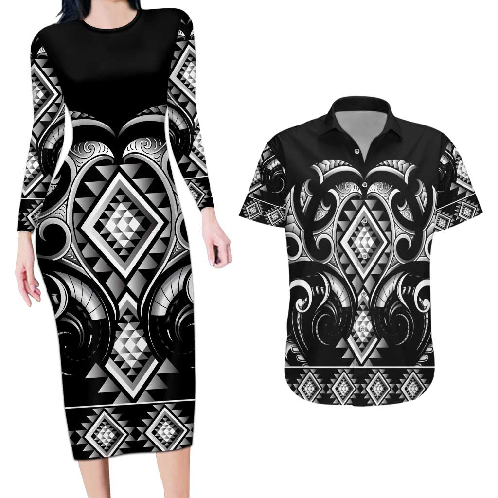 Black Ngaru Taniko With Aotearoa Maori Tattoo Couples Matching Long Sleeve Bodycon Dress and Hawaiian Shirt