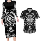 Black Ngaru Taniko With Aotearoa Maori Tattoo Couples Matching Long Sleeve Bodycon Dress and Hawaiian Shirt