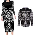 Black Ngaru Taniko With Aotearoa Maori Tattoo Couples Matching Long Sleeve Bodycon Dress and Long Sleeve Button Shirt