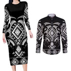 Black Ngaru Taniko With Aotearoa Maori Tattoo Couples Matching Long Sleeve Bodycon Dress and Long Sleeve Button Shirt