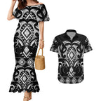Black Ngaru Taniko With Aotearoa Maori Tattoo Couples Matching Mermaid Dress and Hawaiian Shirt