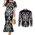 Black Ngaru Taniko With Aotearoa Maori Tattoo Couples Matching Mermaid Dress and Long Sleeve Button Shirt