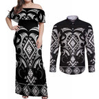 Black Ngaru Taniko With Aotearoa Maori Tattoo Couples Matching Off Shoulder Maxi Dress and Long Sleeve Button Shirt
