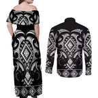 Black Ngaru Taniko With Aotearoa Maori Tattoo Couples Matching Off Shoulder Maxi Dress and Long Sleeve Button Shirt