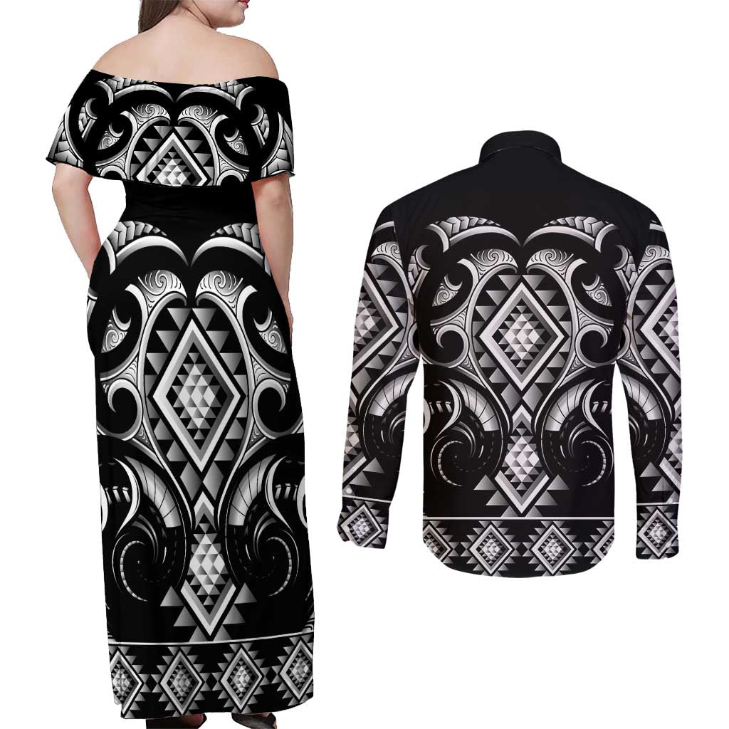 Black Ngaru Taniko With Aotearoa Maori Tattoo Couples Matching Off Shoulder Maxi Dress and Long Sleeve Button Shirt