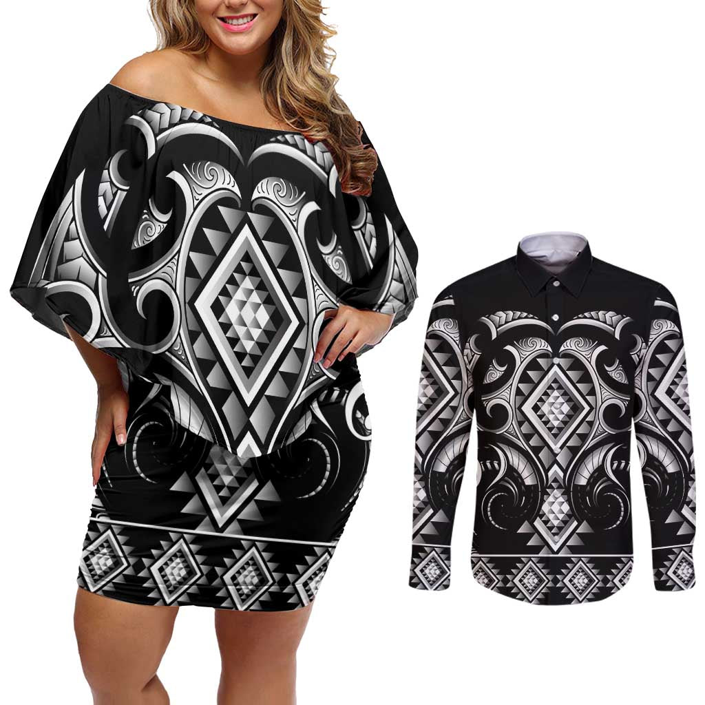 Black Ngaru Taniko With Aotearoa Maori Tattoo Couples Matching Off Shoulder Short Dress and Long Sleeve Button Shirt