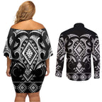 Black Ngaru Taniko With Aotearoa Maori Tattoo Couples Matching Off Shoulder Short Dress and Long Sleeve Button Shirt