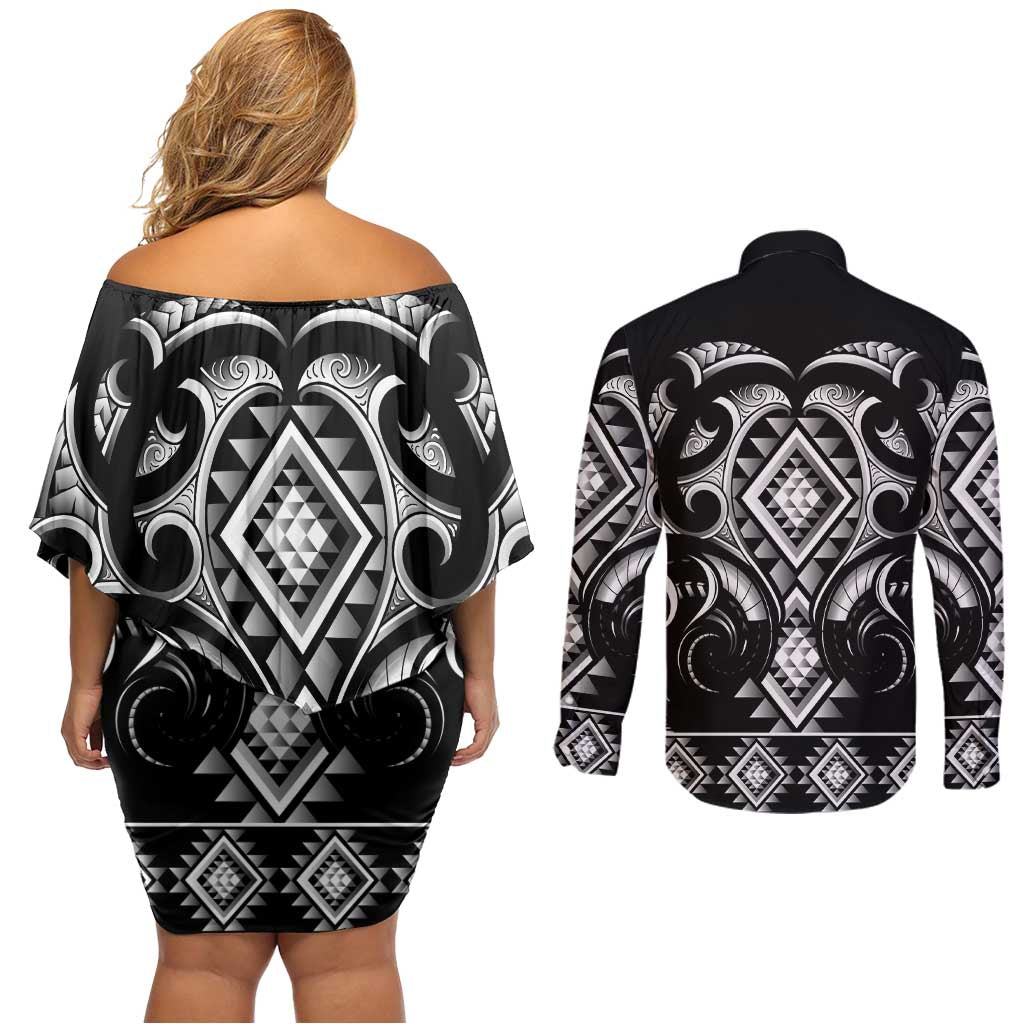Black Ngaru Taniko With Aotearoa Maori Tattoo Couples Matching Off Shoulder Short Dress and Long Sleeve Button Shirt