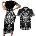 Black Ngaru Taniko With Aotearoa Maori Tattoo Couples Matching Short Sleeve Bodycon Dress and Hawaiian Shirt