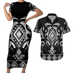 Black Ngaru Taniko With Aotearoa Maori Tattoo Couples Matching Short Sleeve Bodycon Dress and Hawaiian Shirt