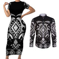 Black Ngaru Taniko With Aotearoa Maori Tattoo Couples Matching Short Sleeve Bodycon Dress and Long Sleeve Button Shirt