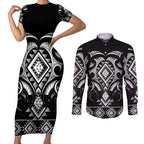 Black Ngaru Taniko With Aotearoa Maori Tattoo Couples Matching Short Sleeve Bodycon Dress and Long Sleeve Button Shirt