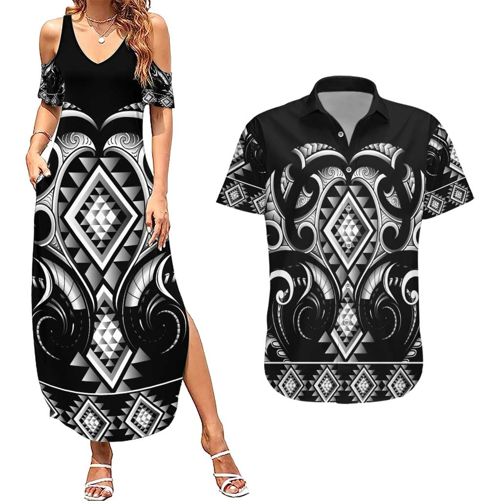 Black Ngaru Taniko With Aotearoa Maori Tattoo Couples Matching Summer Maxi Dress and Hawaiian Shirt