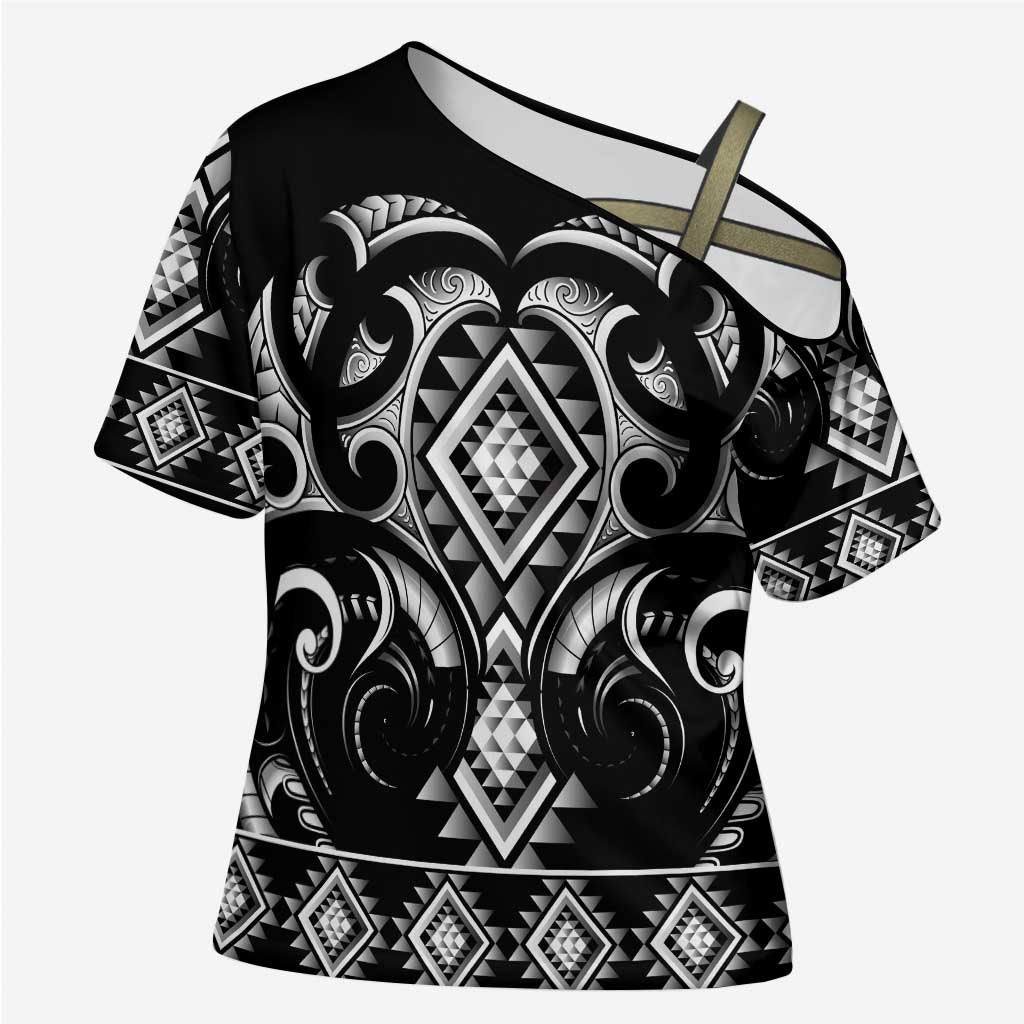 Black Ngaru Taniko With Aotearoa Maori Tattoo Cross Shoulder Shirt - Aussie Hoodie