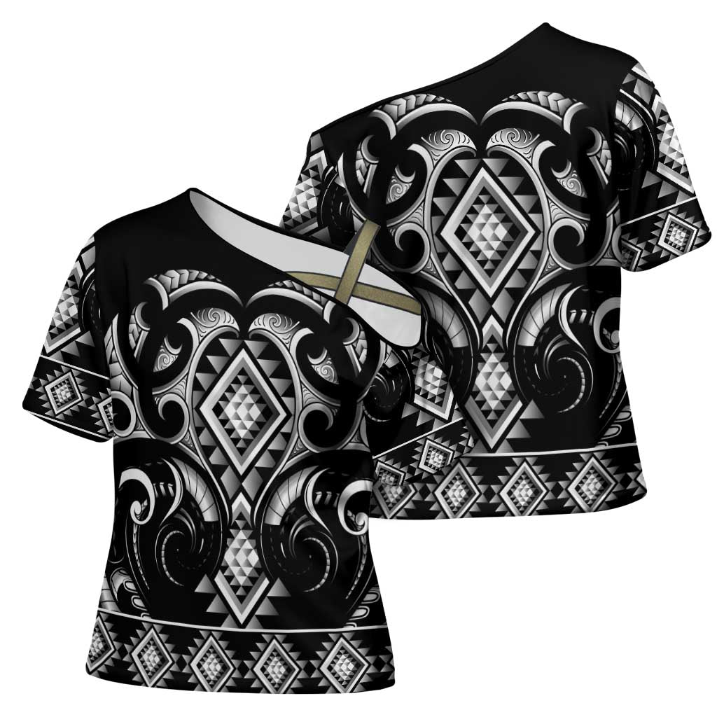 Black Ngaru Taniko With Aotearoa Maori Tattoo Cross Shoulder Shirt - Aussie Hoodie