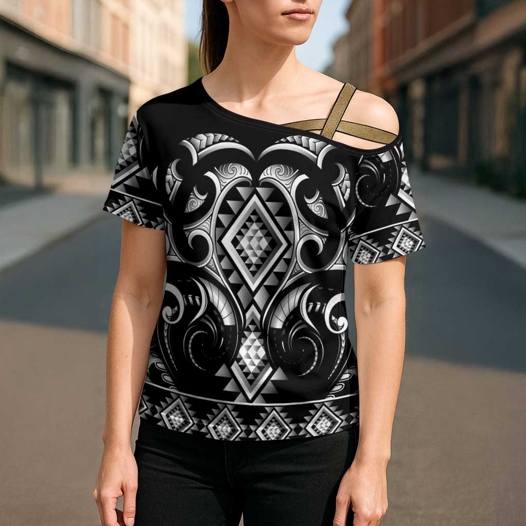 Black Ngaru Taniko With Aotearoa Maori Tattoo Cross Shoulder Shirt - Aussie Hoodie