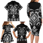 Black Ngaru Taniko With Aotearoa Maori Tattoo Family Matching Long Sleeve Bodycon Dress and Hawaiian Shirt