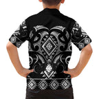 Black Ngaru Taniko With Aotearoa Maori Tattoo Family Matching Off Shoulder Maxi Dress and Hawaiian Shirt