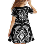Black Ngaru Taniko With Aotearoa Maori Tattoo Family Matching Off Shoulder Short Dress and Hawaiian Shirt