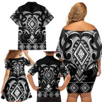 Black Ngaru Taniko With Aotearoa Maori Tattoo Family Matching Off Shoulder Short Dress and Hawaiian Shirt