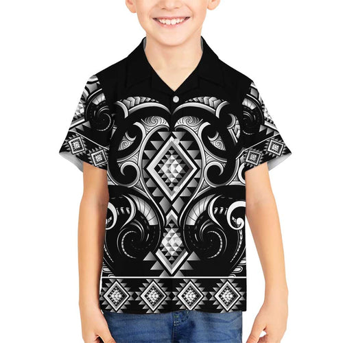 Black Ngaru Taniko With Aotearoa Maori Tattoo Family Matching Off Shoulder Short Dress and Hawaiian Shirt