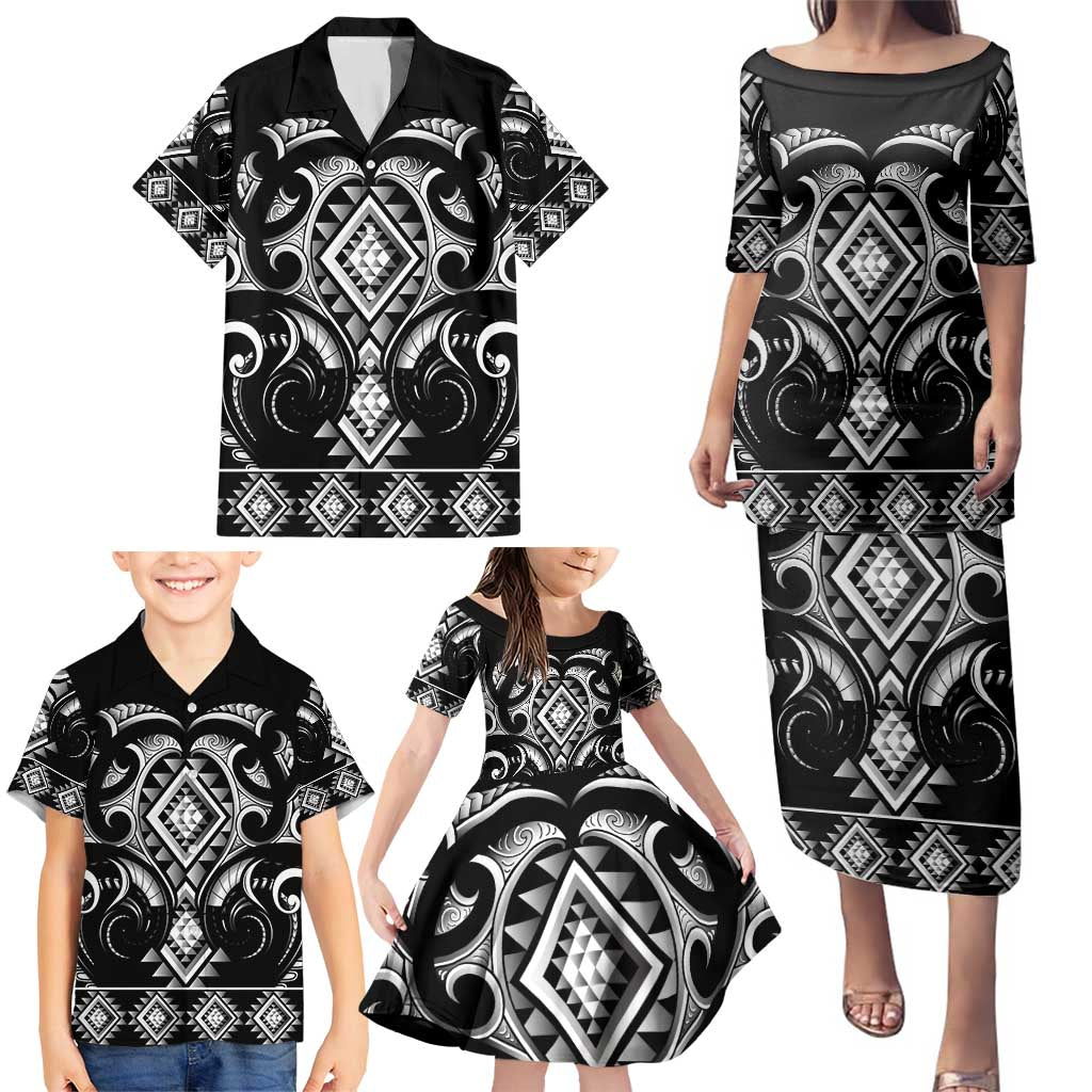 Black Ngaru Taniko With Aotearoa Maori Tattoo Family Matching Puletasi and Hawaiian Shirt