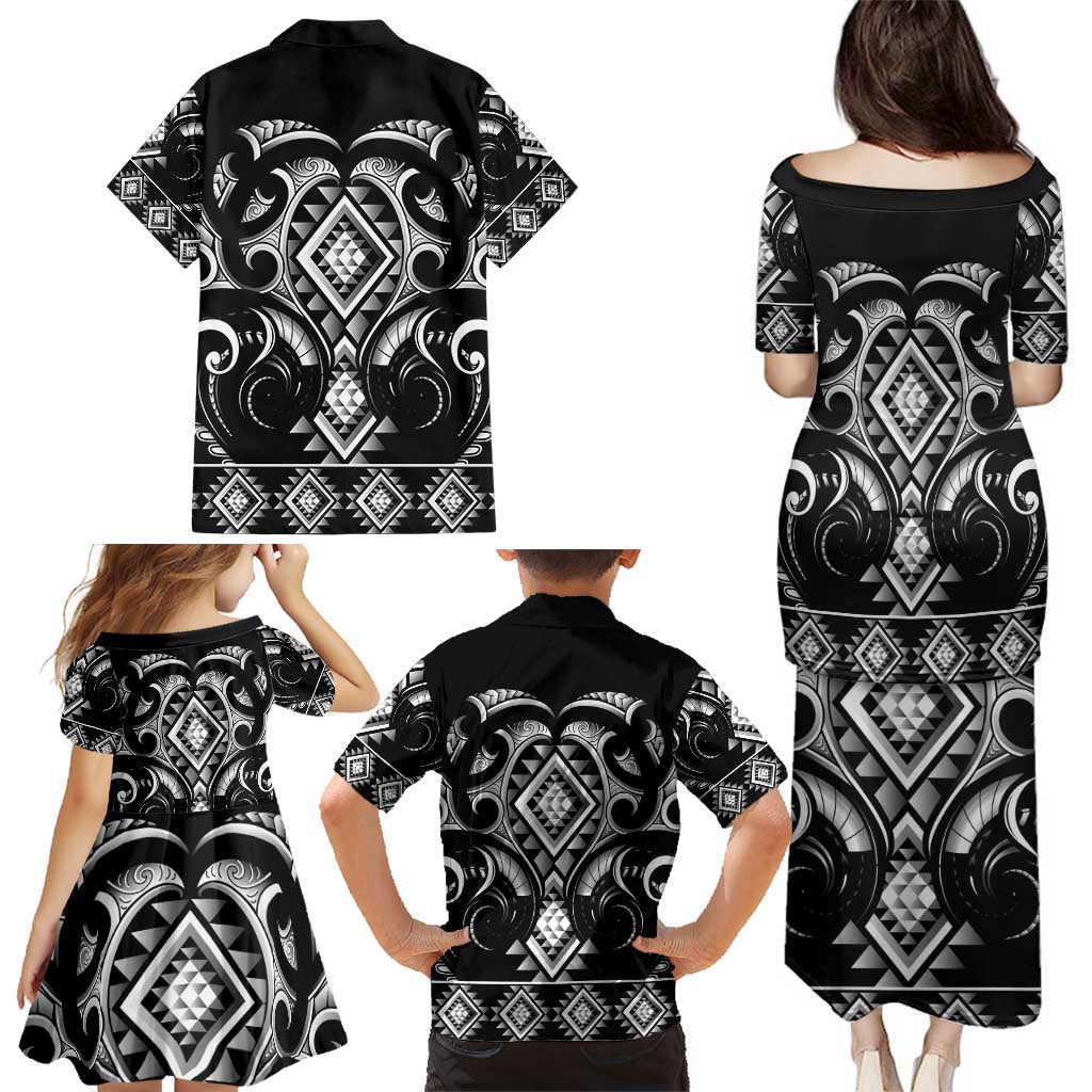 Black Ngaru Taniko With Aotearoa Maori Tattoo Family Matching Puletasi and Hawaiian Shirt