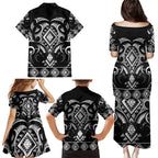 Black Ngaru Taniko With Aotearoa Maori Tattoo Family Matching Puletasi and Hawaiian Shirt