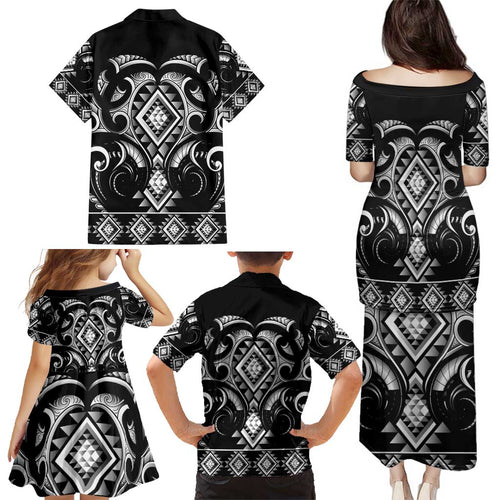 Black Ngaru Taniko With Aotearoa Maori Tattoo Family Matching Puletasi and Hawaiian Shirt