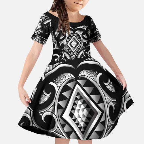 Black Ngaru Taniko With Aotearoa Maori Tattoo Family Matching Short Sleeve Bodycon Dress and Hawaiian Shirt