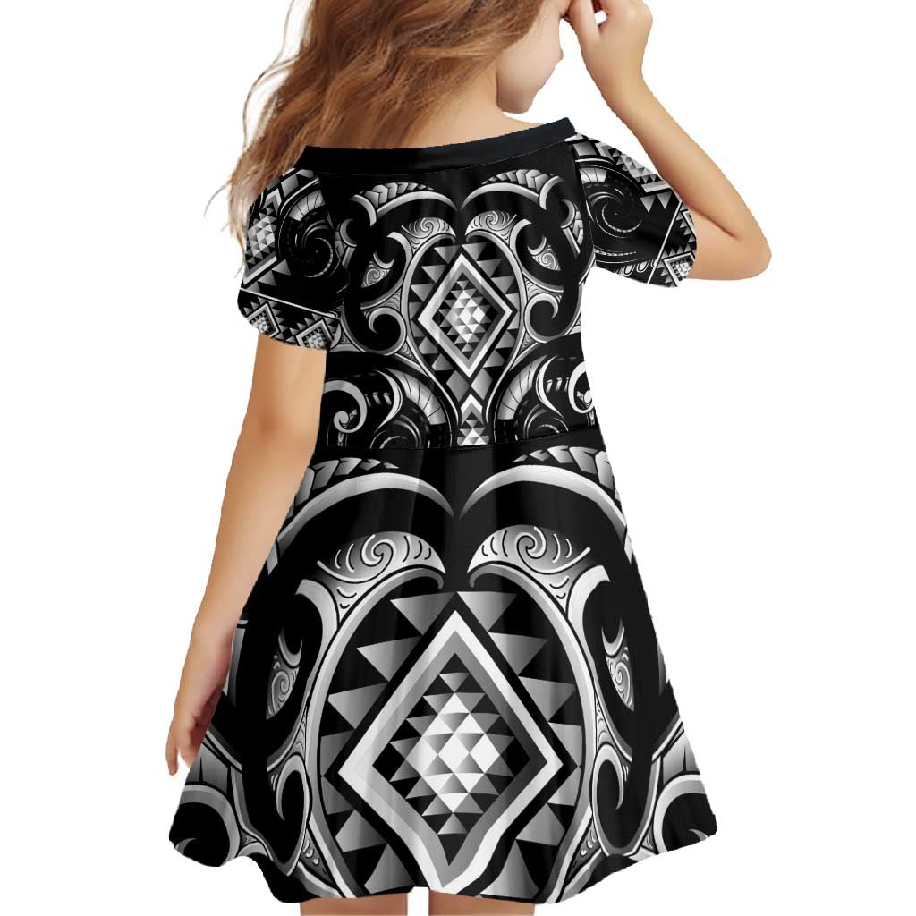 Black Ngaru Taniko With Aotearoa Maori Tattoo Family Matching Short Sleeve Bodycon Dress and Hawaiian Shirt