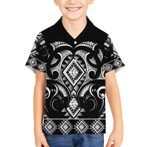 Black Ngaru Taniko With Aotearoa Maori Tattoo Family Matching Short Sleeve Bodycon Dress and Hawaiian Shirt
