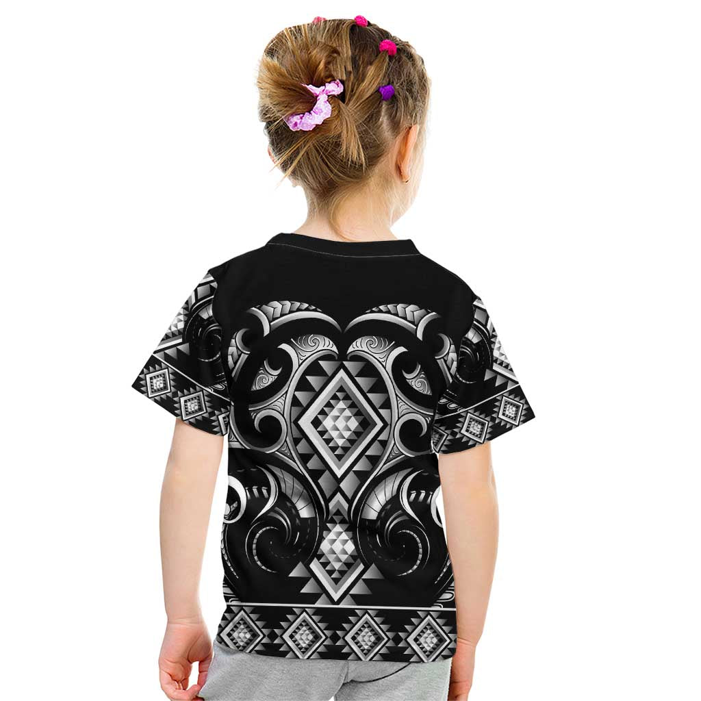 Black Ngaru Taniko With Aotearoa Maori Tattoo Kid T Shirt