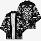Black Ngaru Taniko With Aotearoa Maori Tattoo Kimono - Aussie Hoodie