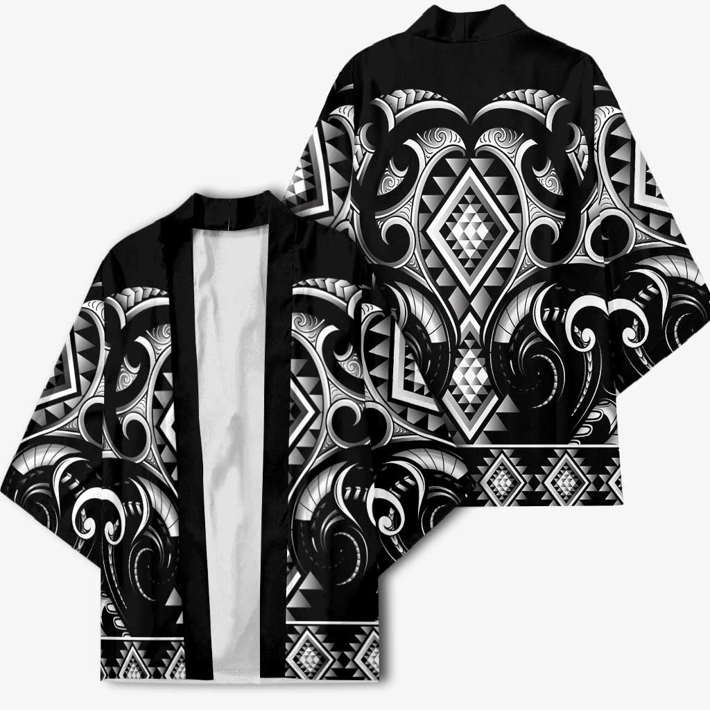 Black Ngaru Taniko With Aotearoa Maori Tattoo Kimono - Aussie Hoodie