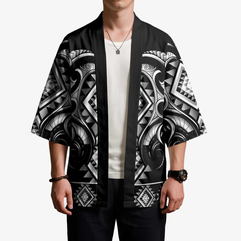 Black Ngaru Taniko With Aotearoa Maori Tattoo Kimono - Aussie Hoodie