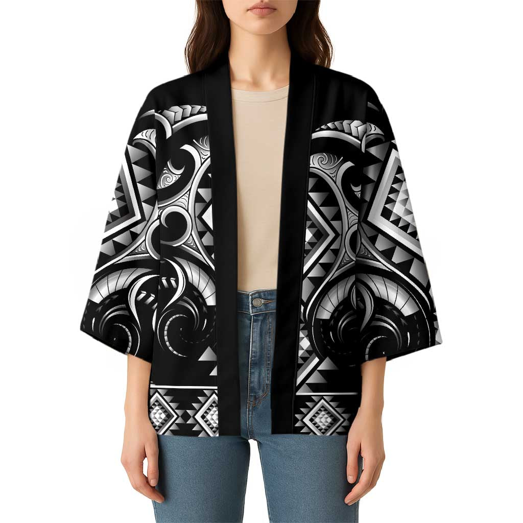 Black Ngaru Taniko With Aotearoa Maori Tattoo Kimono - Aussie Hoodie