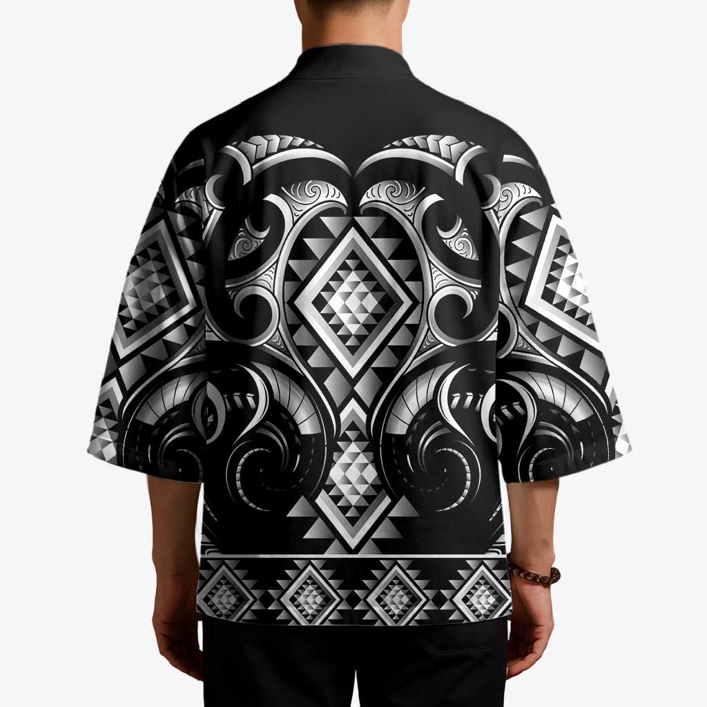 Black Ngaru Taniko With Aotearoa Maori Tattoo Kimono - Aussie Hoodie