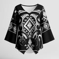 Black Ngaru Taniko With Aotearoa Maori Tattoo Kimono Sleeve Blouse - Aussie Hoodie
