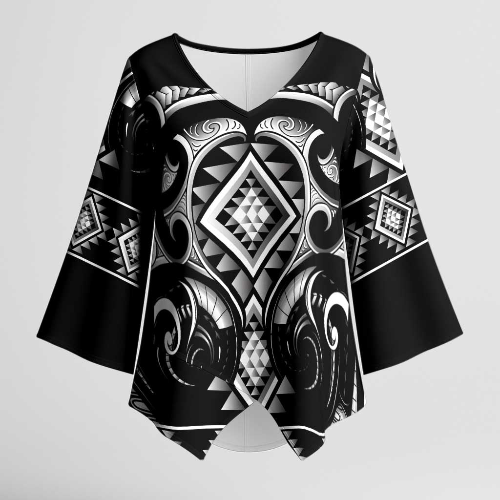 Black Ngaru Taniko With Aotearoa Maori Tattoo Kimono Sleeve Blouse - Aussie Hoodie