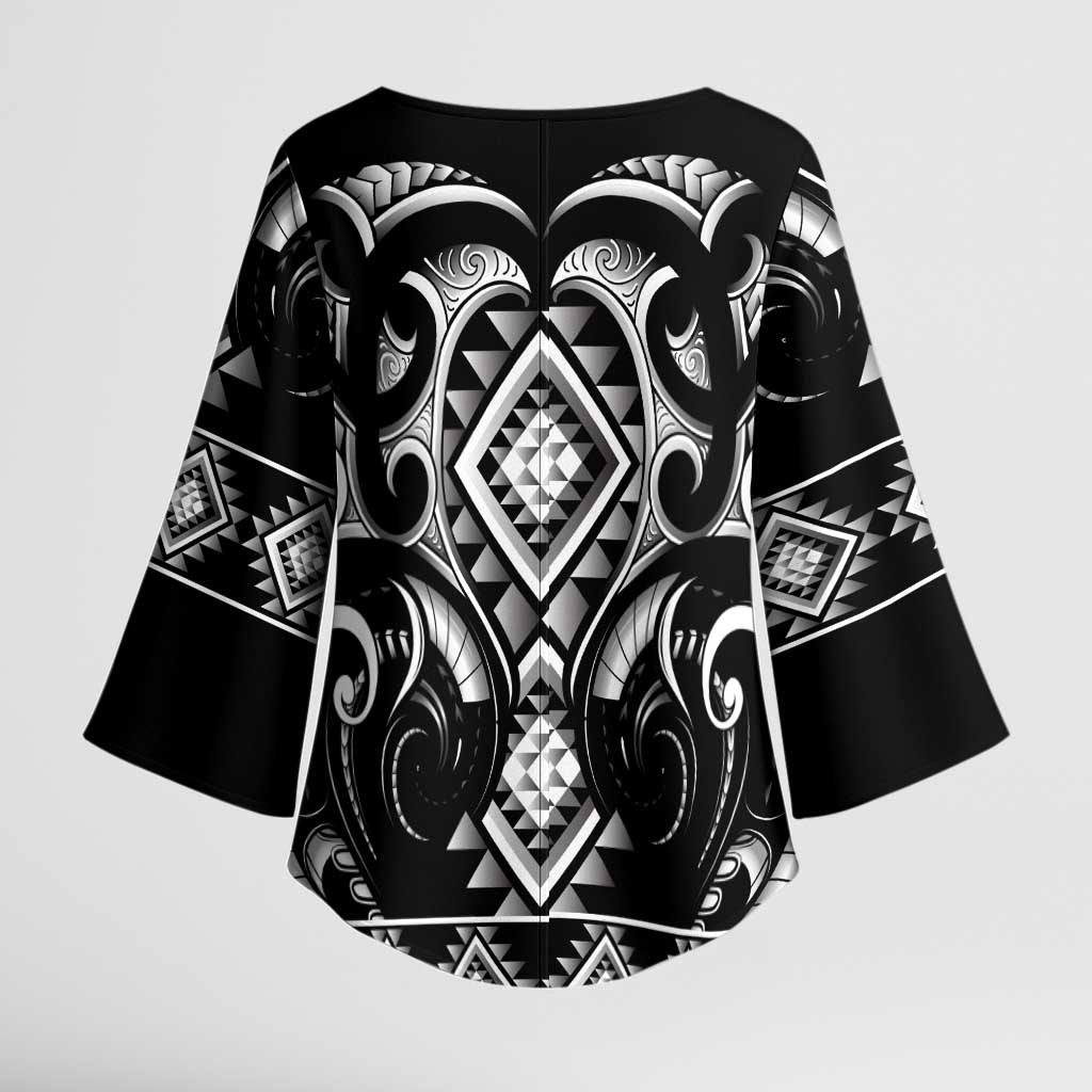 Black Ngaru Taniko With Aotearoa Maori Tattoo Kimono Sleeve Blouse - Aussie Hoodie