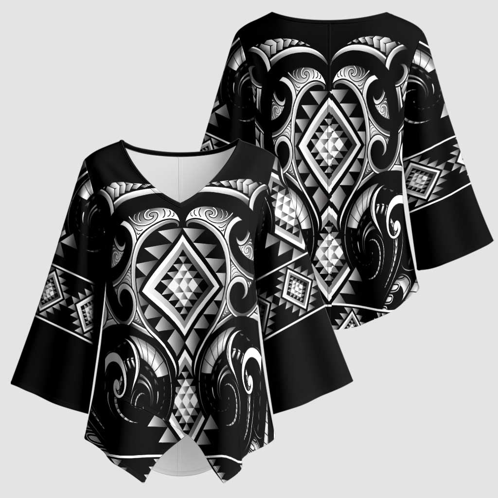 Black Ngaru Taniko With Aotearoa Maori Tattoo Kimono Sleeve Blouse - Aussie Hoodie