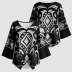 Black Ngaru Taniko With Aotearoa Maori Tattoo Kimono Sleeve Blouse - Aussie Hoodie