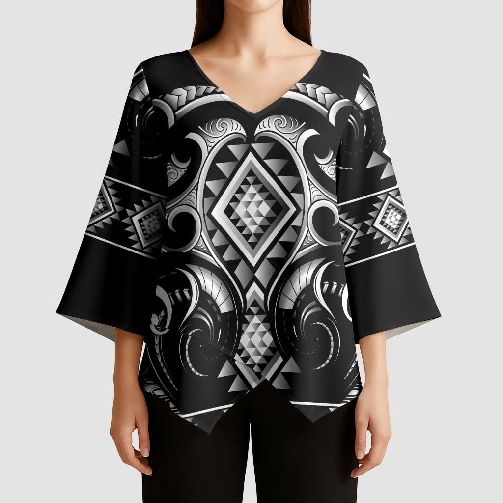 Black Ngaru Taniko With Aotearoa Maori Tattoo Kimono Sleeve Blouse - Aussie Hoodie